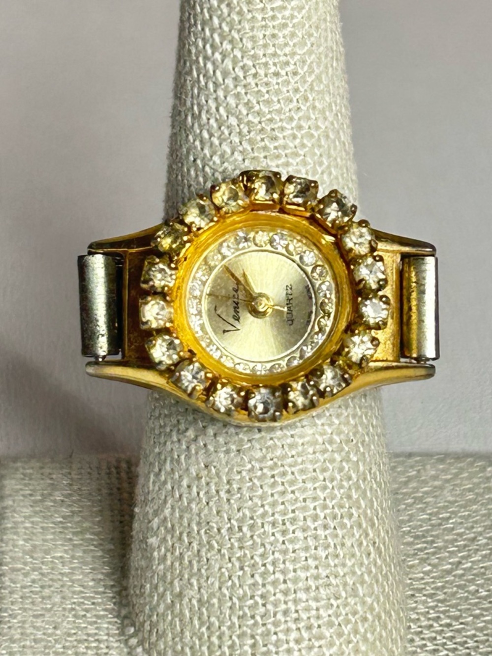 Vintage Gold Tone Quartz Watch Ring with Rhinestone Accents